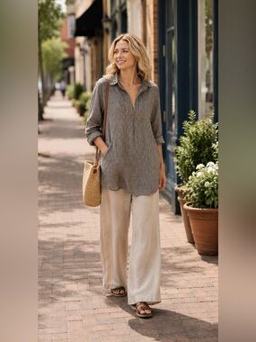 Free People x CP Shades Pinstripe Collared Tunic in Navy & Cream